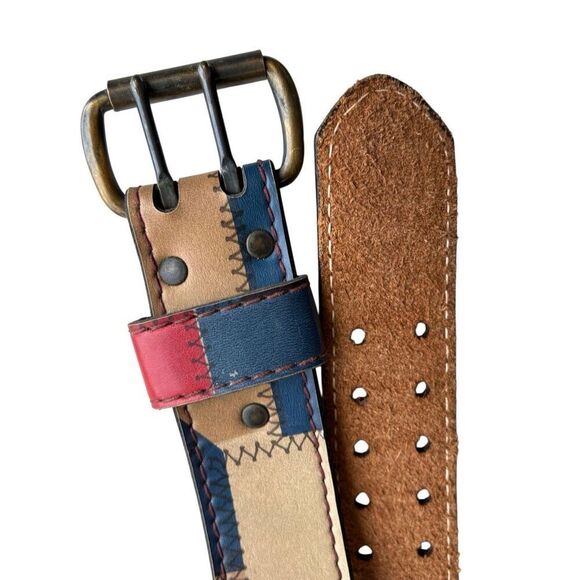 Vintage Multicolored Patchwork Tan Red & Blue Color Block Leather Belt main image 5